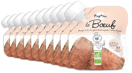 POPOTE - Purée Bœuf Bio - Dès 4/6 Mois - Gourde Individuelle 60 g - Recette Lisse, Équilibrée - Première Découverte des Protéines - Format Pratique à Emporter - Pack Familial 10 x 60 g
