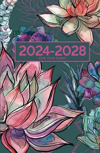 5 Year Diary 2024-2028 | A5 Gorgeous Vibrant Succulent Garden (hardcover): Month to View Planner with UK Holidays, Vision Board, Moon Phases, Birthdays & Celebrations, Contacts, Passwords (Five Years)