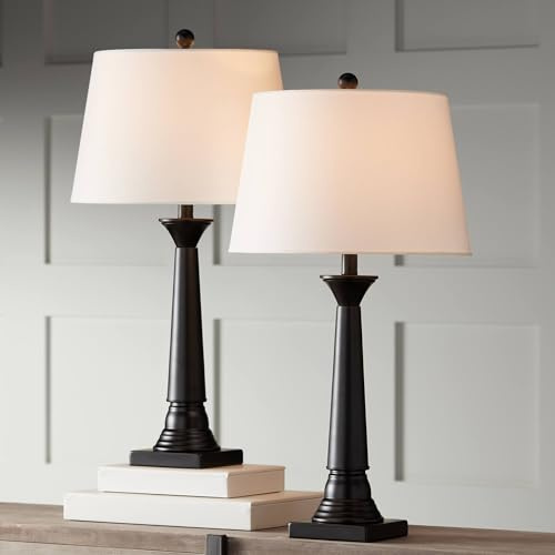 360 Lighting Dolby 28 Tall Column Modern Table Lamps Set of 2 with Smart Sockets Bronze Metal Living Room Bedroom Bedside Nightstand House Office Home Kitchen Entryway Console White Shade