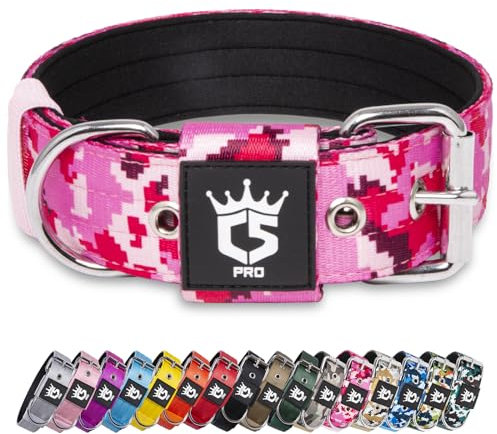 TSPRO Tactical Dog Collar 1.5 Inch Wide Thick Dog Collars with Heavy Duty Metal Buckle, Durable, Strong, Adjustable for Medium to Large Dogs (Camo Pink M)