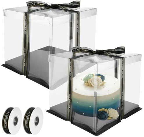 REFORUNG 2 Pz Scatole per Torte Trasparenti Scatola per Torta a Doppio Strato Scatole per Torte Quadrate da 8 Pollici Scatola per Dolci Trasparente con 2 Pz nastri e Base per Torte, Pasticceria