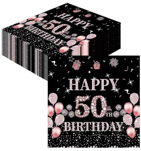 GROVBLE Servietten 50 Geburtstag,40 Stück Papierserviette Mädchen Happy Birthday Servietten Decorations,Schwarz Rosé Gold Tischdekoration für Party Geburtstag,Happy 50th Birthday Paper Napkins (dd)
