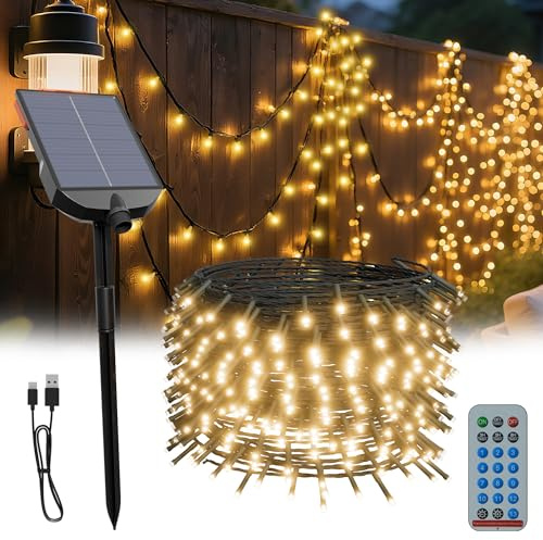 XMTECH Solar Lichterkette Aussen, 30M 300 LED Solar Lichterkette Außen Warmweiß, Solarlichterkette für Außen & Innen Weihnachten Hochzeit Party Deko, 13 Leuchtmodi mit Speicherfunktion Timer USB IP44