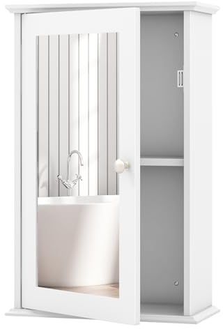 COSTWAY Bad Spiegelschrank, Hängeschrank mit Spiegeltür & Verstellbarer Ablage, Wandschrank Holz, Badezimmerspiegel weiß 34 x 15 x 53cm
