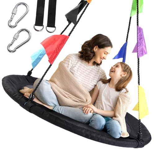 40 Inch Saucer Tree Swing for Kids, Outdoor Round Swing with Hanging Straps & Adjustable Ropes, Easy Assembly