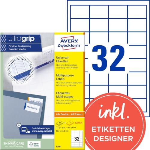 AVERY Zweckform 4789 Universal Etiketten (800 plus 160 Klebeetiketten extra, 48,3x33,8mm auf A4, Papier matt, individuell bedruckbar, selbstklebende Aufkleber mit ultragrip) 30 Blatt, weiß
