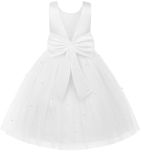 Uhnice Flower Girl Dress Satin V-Back Ball Gown for Wedding Party with Bowknot (White, 100cm /3-4T)