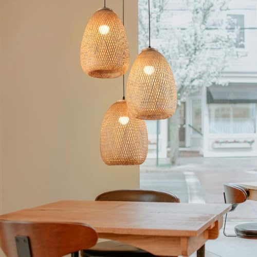 COOYO Handgemachter Geflochtener Bambus Kronleuchter Rustikaler Stil Bambus Draht Kronleuchter E27*3 Geeignet Für Bar Café Loft Restaurant Wohnzimmer Schlafzimmer (Keine Glühbirne)