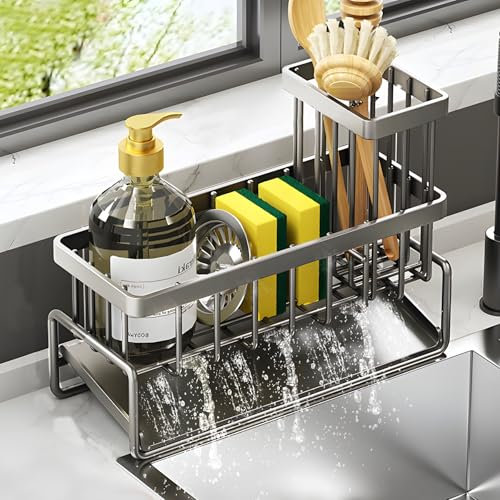 DOZNOZRI Spülbecken Organizer Küche Schwammhalter Spüle Organizer Schmal mit Selbstentleerender Ablaufwanne Küchen Organizer Spüle Schwarz mit Aufbewahrungsbox für Spülbürsten Küche und Bad(Grau)