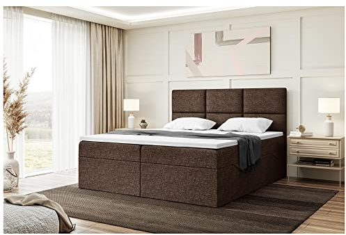 MEBLINI Boxspringbett mit Bettkasten - 160x200 - Gepolstert Doppelbett mit Matratze und Topper - Polsterbett mit Stauraum - Bett ohne Kopfteil - Stauraumbett - KYLIAN - H4/Braun Webstoff