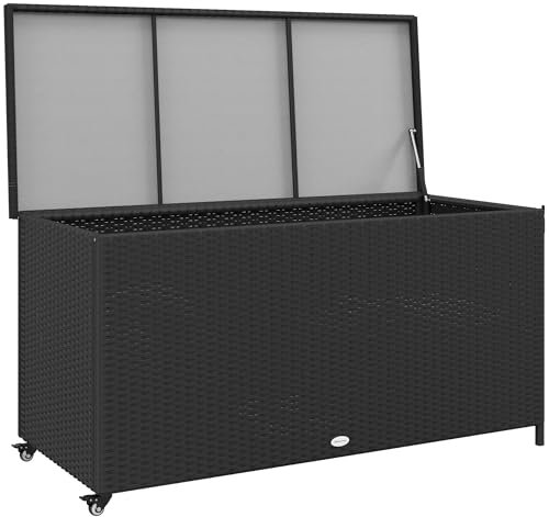 Outsunny Baule da Giardino in Rattan PE con Ruote, Cassapanca Contenitore da Esterno con Pistone Pneumatico e Maniglia Laterale, Volume 316L, 121x57x67cm, Nero