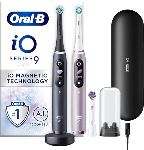 Oral-B iO 9 Eltandborste Duopack, Svart och Rosenkvartsfärgad, 3 tandborsthuvuden, 1 laddningsbart resefodral, Designed by Braun