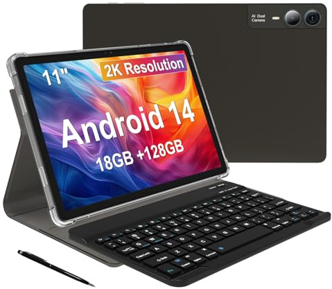 Tableta de 11 pulgadas Android 14 2000 x 1200 2K Tablet PC, T616 Octa-Core 2.0GHz, 18GB RAM 128GB ROM 1TB ampliable, 5+5+13MP AI Camera, 9000mAh, 5G WiFi, con teclado, funda, 4 altavoces, color gris