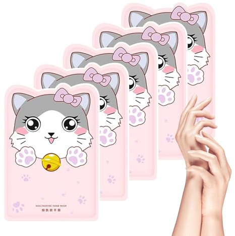 5PCS Gants Hydratants Pour Les Mains, Masque De Soin Des Mains, Gants Nourrissants, Gants Hydratants Pour La Nuit Pour Les Mains Sèches Et Gercées, Niacinamide Masque pour les mains de chat Rose