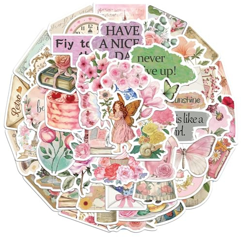 50 Pcs Pink Vintage Stickers, Aesthetic Junk Journal Stickers, Self-Adhesive Vinyl Graffiti Stickers, Waterproof Retro Stickers, for Laptop, Computer, Luggage, Skateboard, Water Bottles