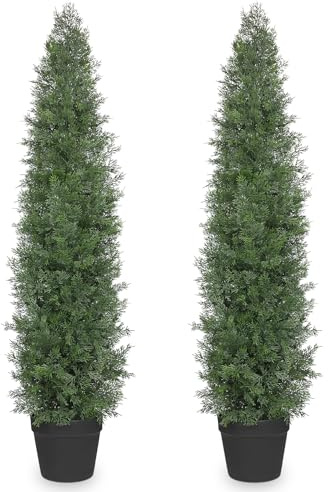 Hollyone 2 Stück Kunstpflanze Zedernbaum 150cm, Outdoor UV Geschützt Kunstbaum Formschnitt Künstlich, Realistische Gefälschte Zypressen Pflanzen Büsche für Haustür Haus Veranda Büros Dekoration