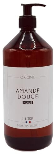 Origine - Huile d'Amande Douce 1 Litre - Marque Française - Excellente Qualité Pressée à Froid - Flacon Pompe - 100% Naturelle Huile Amande Douce Cheveux - Peau Corps Visage Massage Vergeture