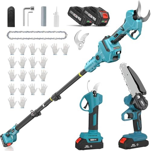 Sécateur Électrique avec Perche, Sécateur Électrique Sans Fil, Batterie Li-ion 2X2.0ah, Secateur Telescopique Electrique Ciseaux de Jardin,Lames Sk5, Réglage de L'angle 90°