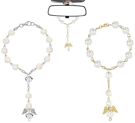 2PCS Auto Anhänger Taufe Rosenkranz Perlen,Engelsflügel Rose Swinging Auto Spiegelaufhängung Car Accessories,Katholisch Hänge Ornament Armbänder Spiegel Charms Zubehör Autospiegel Hängende Innendekor