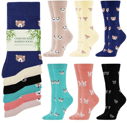 Stoeury Womens Bamboo Socks, Ladies Breathable Soft Animal Socks, Comfortable Seamless Crew Sock Dress Sock Valentines Gifts for Her Wife Mum Daughter 6 Pairs, 4-8