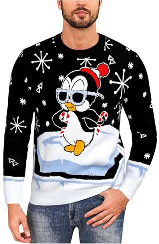 Demegimi Pull Moche de Noël Adultes Col Rond Pull Homme Sweat à Manches Longues Sweat de Noël pour Hommes avec Flocon Pingouins