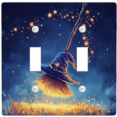 Halloween Witch Magic Broom Decorative Light Switch Cover Wall Plate 2 Gang Double Toggle, Fun Fantasy Witchy Hat Electrical Switchplate Witchy Scenic Electrical Faceplate for Bedroom Room