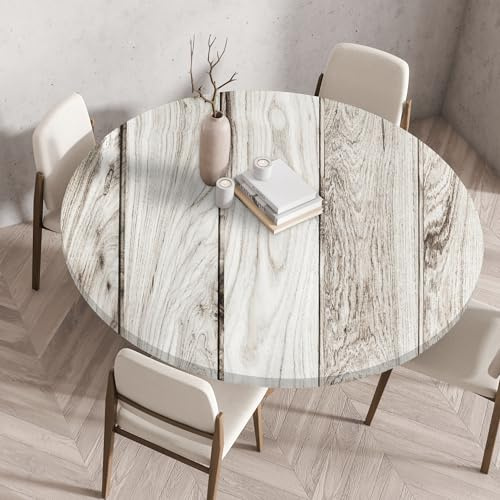 Highdi Elastische Tischdecke Rund Abwaschbar, 3D-Druck Spanntischdecke Rund Gartentischdecke Outdoor Round Tischdecke mit Gummizug für Feiertage Versammlung (Beiges Holz,80cm)
