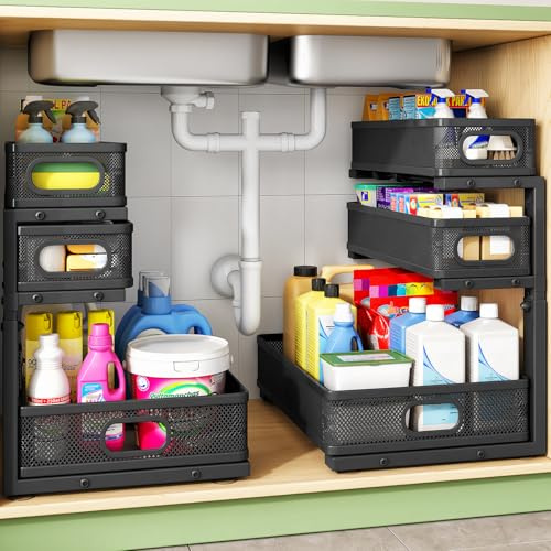 Kitstorack Under Sink Organizer, 2-Pack 3-Tier Height Adjustable Thickened Metal Pull out Cabinet Organizer Shelf, Slide out Storage Drawer Rack for Bathroom Kitchen Pantry Home Laundry Organization