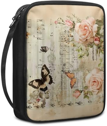 Bibelhülle Beige Musik Schmetterling Buchtasche für Männer Frauen Tragbar Buchhülle Stoff Leinwand Polyester Bibel Zubehör mit Reißverschluss Griffen Bibel Hülle 27.5x22.5x5.5 cm