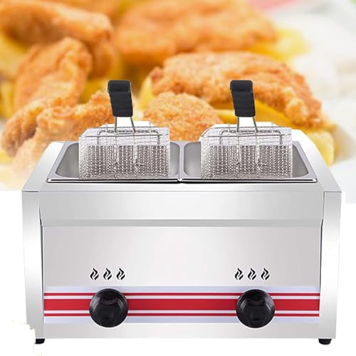 Friggitrice a gas GPL, in acciaio inox, capacità 10L/20L/30L, 2 cestini per patatine fritte con coperchi, controllo della temperatura regolabile, ideale per patatine, ciambelle, pesce, facile da