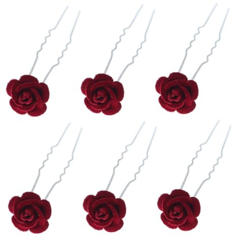 Ipetboom 6 pièces Épingles à Cheveux Rétro Fleur Rose Velours Rouge Lot de Accessoires Mariage Élégants Épingles U Forme de Fourche pour Femmes Maintien Antidérapant et Confortable