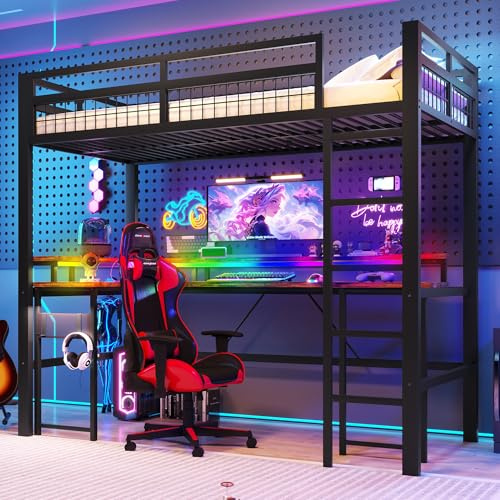 Merax Hochbett mit Schreibtisch 90x200, integriertem Monitorhalter, Metallbett mit intelligentem Ambientelicht, 2 Steckdose, USB+Typ-C-Anschluss, Jugendbett Bettgestell für Kinder/Erwachsene, Schwarz