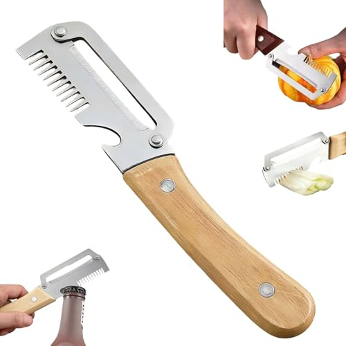 Pelador Verduras con Abridor de Botellas Multifuncional 3 en 1 2026 Utensilio Cocina Madera Peladores de Frutas y Verduras Acero Inoxidable Raspador Caña Azúcar(Wooden-1pc)