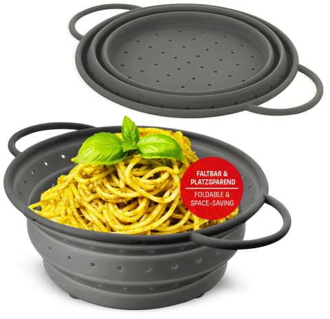 Coolinato Colador Plegable de Silicona, Ahorra Espacio, fácil de Limpiar y Apto para el lavavajillas, Gris, 24 cm