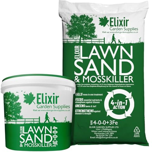 Elixir Gardens Lawn Sand & Moss Killer with Added Iron Sulphate | Turf Treatment & Grass Green-Up Tonic | 500g - 25kg Weights | N.P.K 4-0-0+3% Fe | 5kg Bag | Treats upto 62sqm