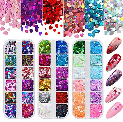 Kalolary 3 Boxes Holographic Heart Nail Art Paljetter, 3D Heart Glitters Nail Paljetter Färgglada Confetti Glitter Nail Flakes Akryl Pailletter för Alla hjärtans dag Nail Art Decoration Makeup