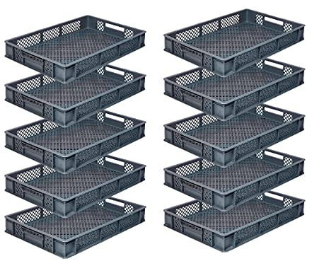 Spar-Set 10x Eurobehälter/Bäckerkisten, Grundmaß 600x400x90 mm. Eurobox, Stapelkorb stapelbar aus Kunststoff in TOP-Qualität - Made in Germany (braun)