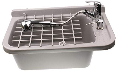 Ausgussbecken Haushaltswaschbecken Waschtrog mit Batterie Armatur aus Polystyrol Kunststoff Waschbecken Spülbecken mit Seifenspender, Siphon, Spülbecken inkl. Zubehör, Waschraum (50.0, Grau)