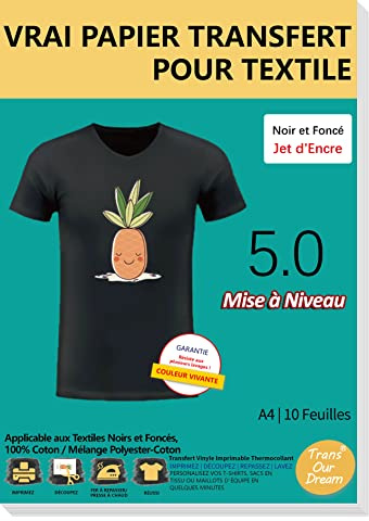 TransOurDream- Marca de Confianza,Papel de Transferencia Térmica para Camisetas y Tejidos Oscuro（A4x10 Hojas） Fácil de Usar, Compatible con Impresoras de Inyección de Tinta, ES-3-5.0-10