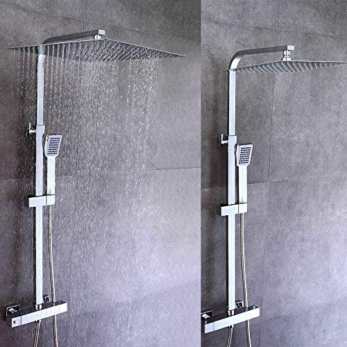 KinHall Duschsystem mit Thermostat, Wandmontage Handbrause Duschset Silber Brausegarnitur, mit Regen Handbrause, Duschsäule, Edelstahl-Brausegarnitur