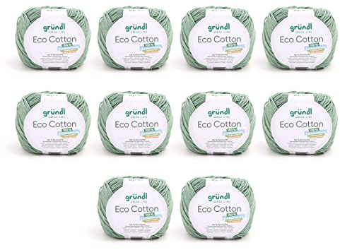 Gründl Wolle Eco Cotton - Wolle zum Häkeln - Wolle zum Stricken - Häkelgarn - Weich und hautfreundlich - 100% Bio-Baumwolle - 10 Knäuel 50 g / 105 m - Nadelstärke 3,5-4,5 - maigrün