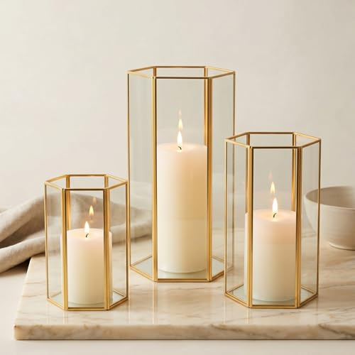 Portavelas de Cristal Hurricane, Juego de 3 faroles hexagonales Transparentes Grandes con Marco de Metal Dorado, Centro de Mesa de Boda, decoración del hogar