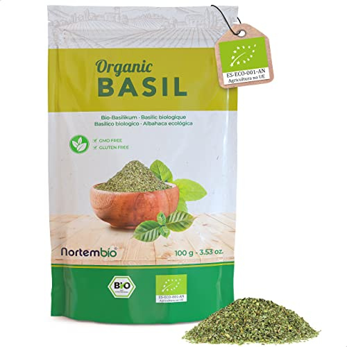Nortembio Basilic Râpé Biologique 100 g. Origine 100% Naturel. Basilic Frotté sans Additifs ni Conservateurs. Séché Délicatement pour Pesto et Sauces. Emballage Hermétique avec Fermeture Zip.