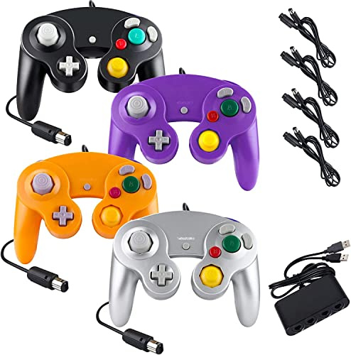 Burcica 4 Controller für Gamecube, mit 4 Verlängerungskabeln und 4-Port-USB-Adapter für Switch PC Wii U Konsole