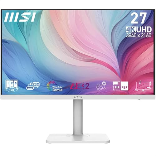 MSI Modern MD272UPHW 27-Zoll-UHD-Büromonitor - 3840 x 2160 IPS-Panel, 60Hz, augenfreundlicher Bildschirm, VESA-befestigbar, 4-Fach verstellbar - HDMI 2.0b, DisplayPort 1.4a, Typ-C, USB-B, USB-A