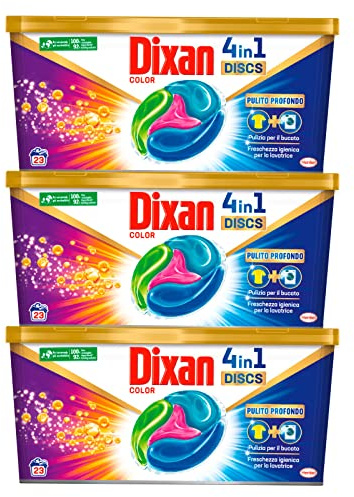 Dixan Discs Color Detergente para Lavadora Acción 4 en 1 Limpio Profundo Para Ropa De Color Elimina Manchas Obstinadas - 3 Paquetes de 23 Cápsulas