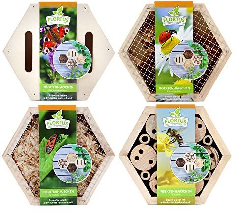FLORTUS Insektenhotel Set | Bienenhotel Schmetterlingshaus und Marienkäferhaus | Insektenhotels kombinierbar für Garten, Balkon und Terrasse