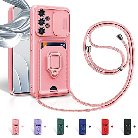 Aithne Case für Samsung Galaxy A53 5G Handykette Hüll,Slide kameraschutz,Silikon Handyhülle zum Umhängen Kette,360 Grad Ringhalter Stand Kartenfach-Pink