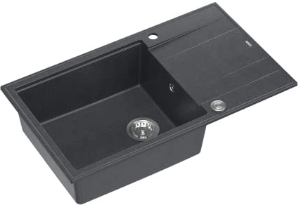 QUADRON Spülbecken Spüle Schwarz & Stahl | Größe 86 x 50 x 21 cm | Granit Granitspüle EVAN 136 XL Einzelbecken Küchenspüle | mit manuellem Siphon und Abtropffläche | 1 Becken Einbauspüle
