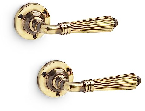 AB Hardware Aged Solid Brass Regency Style Sprung Door Handles Vintage Reeded Rose Lever